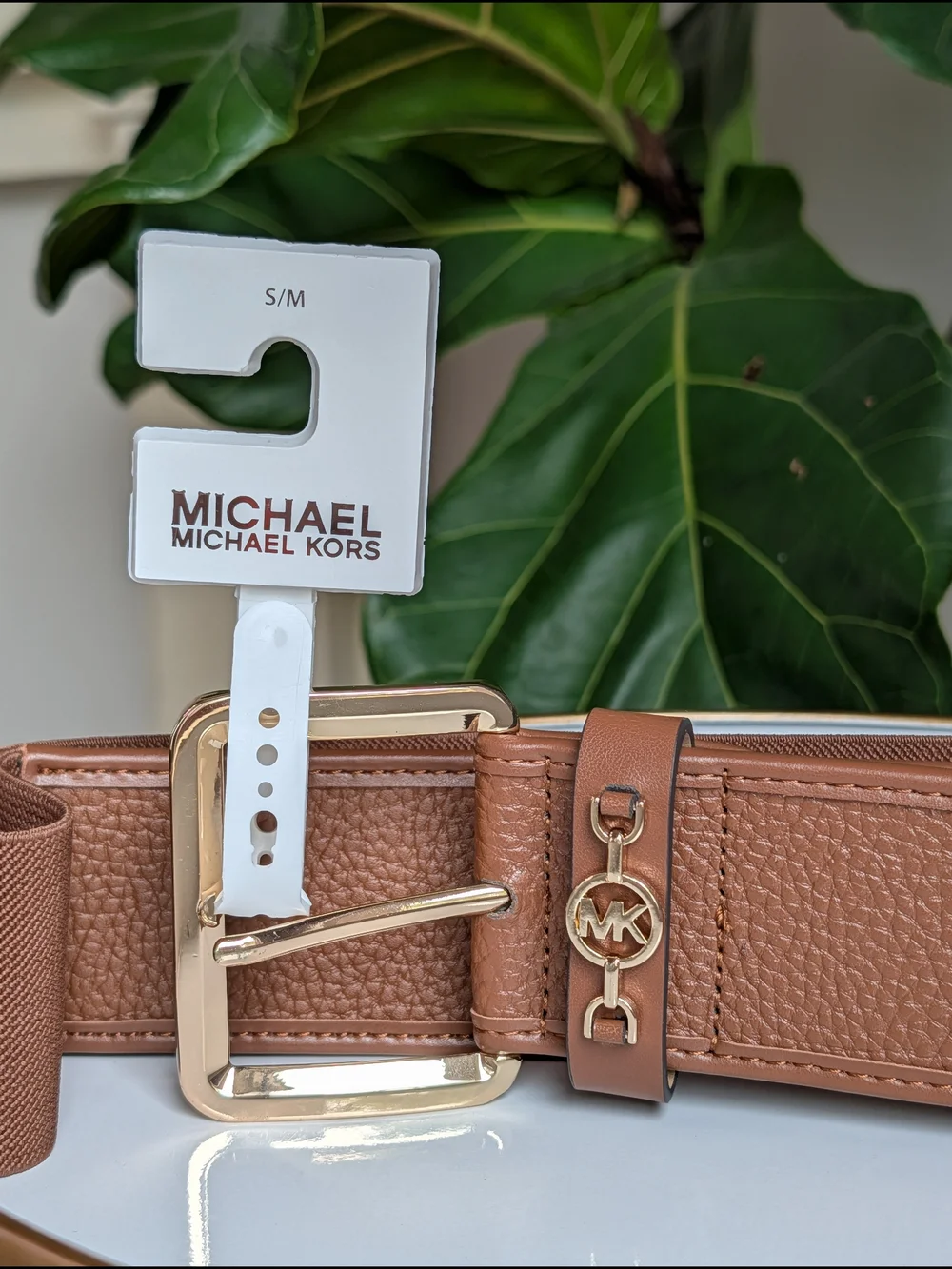 Michael Kors Tan Pebbled Leather Belt with Gold Hardware
